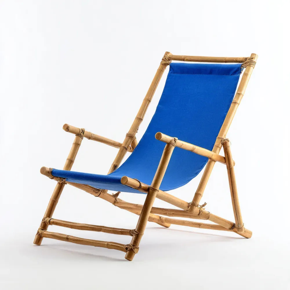 Bamboo Patio Lounge Chair 60x80x90 cm - Blue Fabric - Foldable Design
