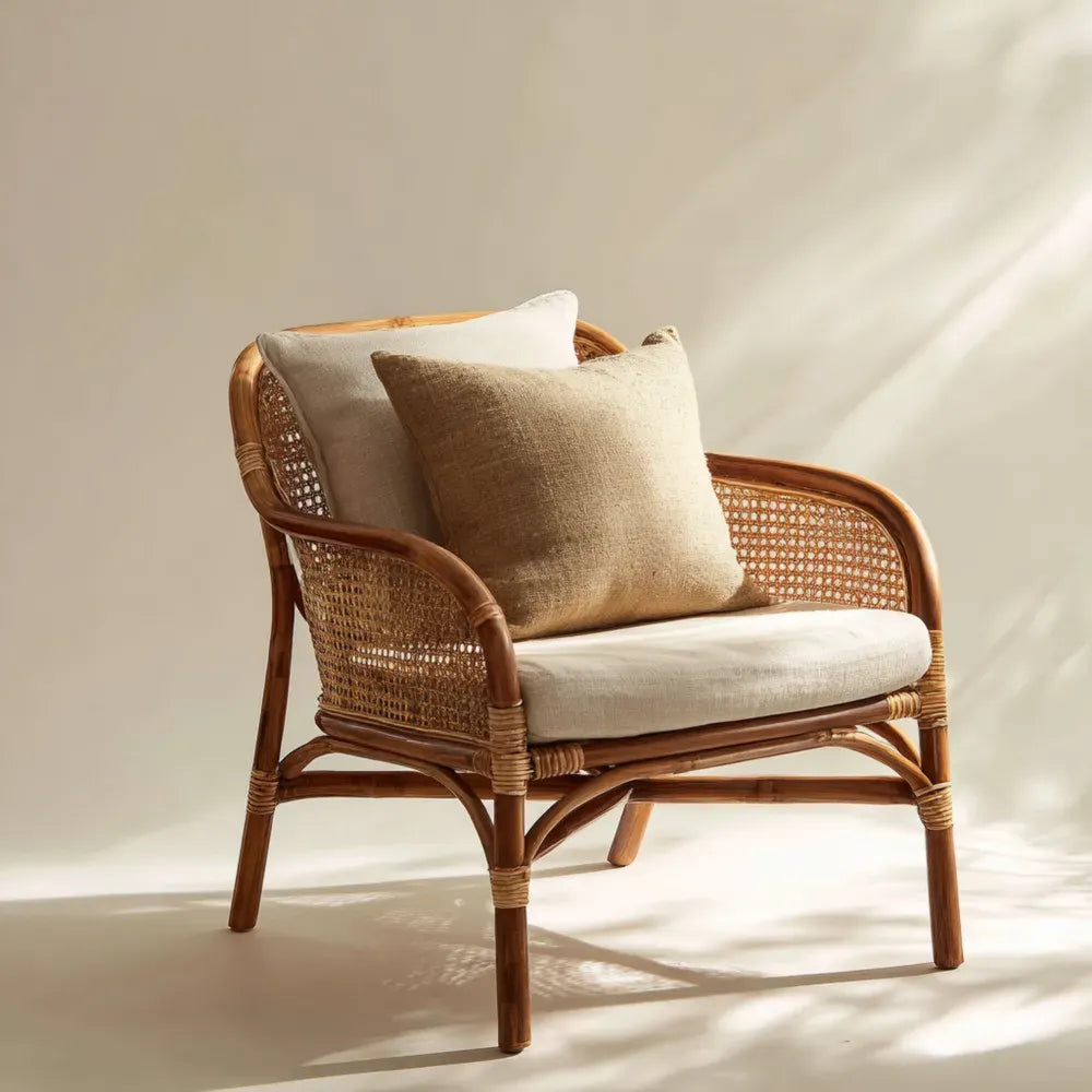 Rattan Patio Lounge Chair with Cushions - Natural Finish 60x65x85 cm - Modern Bohemian Design