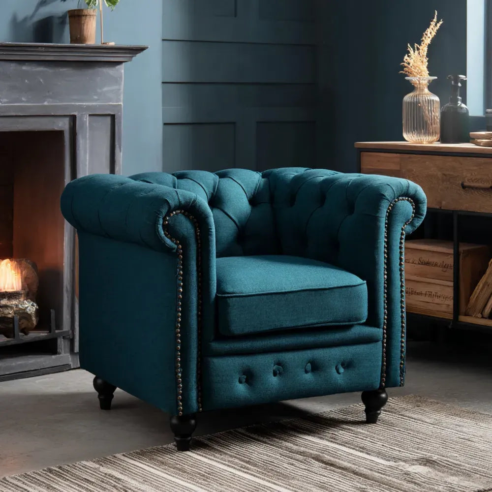 Chesterfield Armchair Velvet Upholstered - 95x85x75 cm - Teal - Classic Design